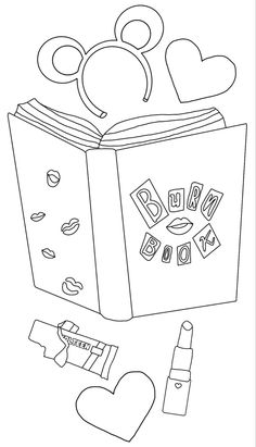 an open book with hearts and other items surrounding it