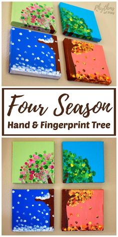 four seasons hand and fingerprint tree art project for kids to do on the wall