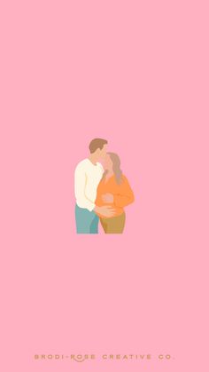 two people embracing each other on a pink background