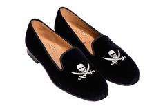 Our classic Skull Velvet Slipper features a Black Spanish Cotton-Velvet Upper with a Black Grosgrain Trim. Finished off with our Jolly Roger Skull embroidery. Meticulously Hand-crafted in Spain. Leather lined to provide additional support and comfort. The stacked wooden heel is .75 inches in height. Leather soled. True Skull Embroidery, Heeled Espadrilles, Velvet Slippers, Monogram Tote Bags, Women's Espadrilles, Jolly Roger, Monogram Tote, Presents For Men, Shoe Tree