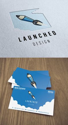 two business cards with the words launched design on them and an image of a pencil flying through