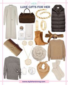 Luxe Gift Ideas for Her | Luxury Gifts for Her | Gift Guide for Her | Brochu Walker Gift Guide | Luxury Gifts | Cashmere Gifts | Gold Jewelry | Perfume | Boots | Cardigan @brochuwalker #ad | Holiday Gifts for Her Brochu Walker, Luxury Gifts For Her, Gift Ideas For Her, Leather Travel Bag, Gift Guides, Luxe Gifts, Leather Travel, Luxury Gifts, Cashmere Scarf