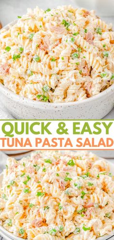 tuna pasta salad in a white bowl with green onions and peas on the side, then topped with mayonnaise