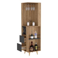 a wooden cabinet with bottles and glasses on it's shelves next to an empty wine glass holder