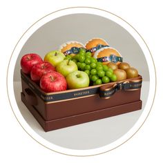 a brown suitcase filled with lots of different types of fruit in it's handles