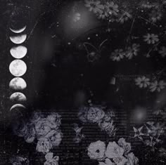 the phases of the moon are shown in this black and white photo with flowers on it