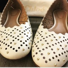 Reposhing This Item I Purchased From @Ajzup. Shoes Are Lightly Worn. Questions? Leave A Comment Below! Chloe Shoes, Leather Ballet Flats, Ballet Flat, White Leather, Flat Shoes Women, Ballet Flats, Loafer Flats, Chloe, Gold Color