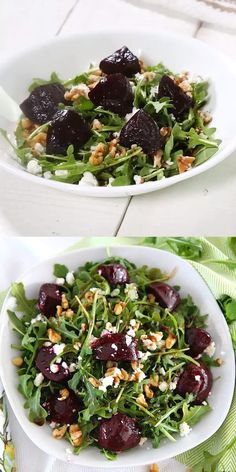 two pictures of a salad with beets and feta cheese in it on a white plate