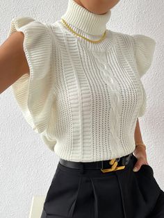 Turtle Neck Ruffle Trim Cable Knit Sweater Vest Beige Casual   Fabric Plain  Slight Stretch  Women Clothing, size features are:Bust: ,Length: ,Sleeve Length: Sweater Vest Women, Women Sweater, Looks Chic, Inspired Outfits, Mode Inspiration, Knitwear Women, Look Fashion, Classy Outfits, Fashion Inspo Outfits