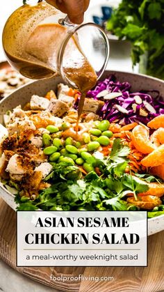 Asian Sesame Chicken Salad in a bowl with sauce. Asian Sesame Chicken Salad, Sesame Chicken Salad Recipe, Asian Sesame Chicken, Green Salad With Chicken, Sesame Chicken Salad, Sesame Vinaigrette, Asian Cabbage Salad, Asian Salad Recipe, Warm Salad Recipes