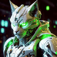 a cat with glowing green eyes standing in front of some lights on it's chest