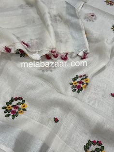 Beautiful floral embroidery on 100 count pure linen Saree with a silver zari border ! Fall and tassels attached ! Color: White From Bihar,India Note: The color of the products may slightly vary according to the ambient lighting conditions and the color settings of LED devices. If you would like more clarity before your purchase, please drop us a message . Linen Dupatta For Wedding And Festivals, Festive Linen Saree-shaped Dupatta, Traditional Linen Saree For Festive Occasions, Summer Embroidered Unstitched Saree, Linen Dupatta For Festivals, White Floral Embroidery Saree For Eid, Traditional Linen Dupatta For Wedding, White Cotton Saree For Summer, Festive Handloom Linen Dupatta