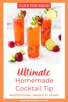 three glasses filled with drinks and garnished with strawberries, limes and lemon slices