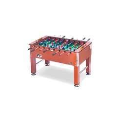 an orange foosball table sitting on top of a white floor