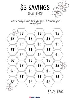 the $ 5 savings challenge is shown in this printable poster, which shows how much money