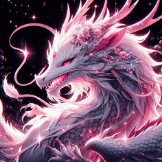 a pink and white dragon with sparkles on its head is in the dark sky