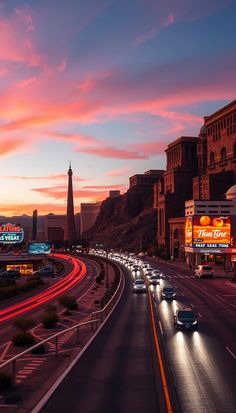 cars are driving down the road at dusk in las vegas, nv as the sun sets