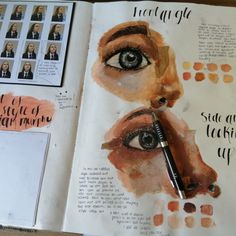 an open book with various pictures and writing on the pages, including eyeliners