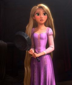 a barbie doll with long blonde hair in a purple dress holding a black hat and looking at the camera