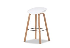 a white stool with wooden legs and an oval seat on the backrest, against a white background