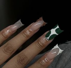 Dope Nail Designs French Tip, Tip Design Nails, White And Brown Nails, Green And Brown Nails, Brown French Tip, French Tip Design