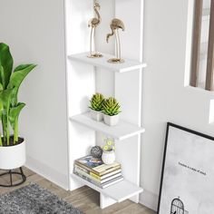 a white shelf with some books and plants on it next to a potted plant