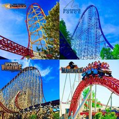 the roller coaster at six flags amusement park is shown in four different pictures, including one with