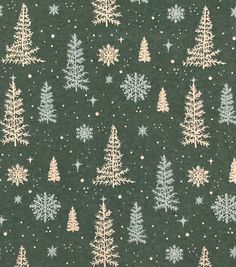 a green background with white snowflakes and trees on it's side,