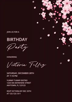 an elegant birthday party with pink flowers and confetti on the black paper background