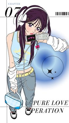 an anime character with headphones on holding a cell phone to her ear and listening to music