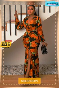 Long Sleeve Floral Print Split Maxi Dresses Trendy Fall Maxi Dress For Date Night, Fitted Maxi Dress For Fall Vacation, Printed Dresses For Night Out In Fall, Fall Night Out Printed Dresses, Fitted Orange Maxi Dress For Fall, Split Maxi Dress, Dresses By Length, African Clothing, Long Maxi Dress