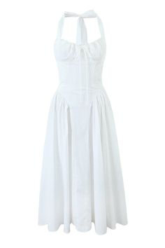 Size Chart:



 Size
Bust
Waist
Length


S
80
64
103


M
92
68
104


L
96
72
105



 
Description:

SKU: OM1618
Color: White
Composition: Polyester

Features: Tie front
Collar: Halter neck

Sleeve: Sleeveless
Zipper: Back Zipper
Length: Middle-long Skirt


Care Instructions:

Machine wash cold
Do not bleach
Wash light colors separately. Spring Sleeveless Corset Dress For Daywear, Fitted Sleeveless Cotton Corset Dress, Sleeveless White Cotton Corset Dress, Summer Sleeveless Cotton Corset Dress, Short Princess Dress, Convertible Dress, Short Bridesmaid Dresses, Bleach Wash, Tea Length Dresses