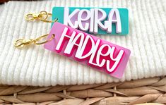 These personalized keychains are perfect for back packs, diaper bags, etc.  Customize your keychain with two colors of your choice!  This listing is for one personalized keychain. Tags are made with three layers of acrylic making it extra durable. Each tag 4"wide & 1.5"tall. Size of the name will vary depending on how many letters.  Each tag comes with a gold key ring and clip, but silver is available upon request.  To order, please add the name in the personalization box and choose your colors Personalized Keychains, Gold Key, Backpack Tags, Diaper Bags, Personalized Tags, Bag Tag, Personalized Keychain, Name Tags, Name Tag