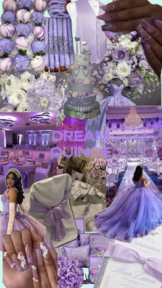 a collage of purple and white wedding decorations, flowers, and bride's dress