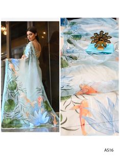 AS Digital Printed Organza Silk Saree | www.gosmartonline.in Silk Saree Party Wear, Floral Sarees, Exclusive Gowns, Saree Party Wear, Indian Wedding Gowns, Printed Organza, Ice Blue Color, Hand Painted Dress, Organza Silk Saree