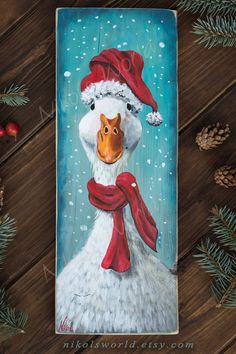 a painting of a duck wearing a santa hat and scarf with pine cones around it