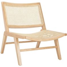 a wooden and wicker chair on a white background