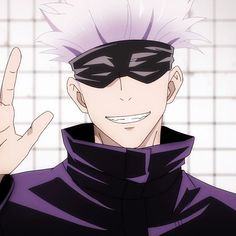 an anime character with white hair wearing a black mask and holding his hand up in the air