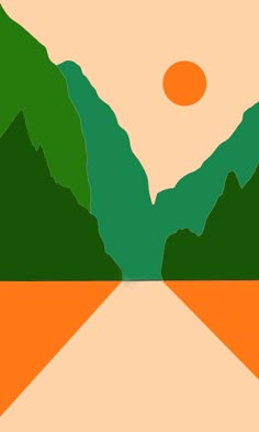 an orange and green landscape with mountains in the background