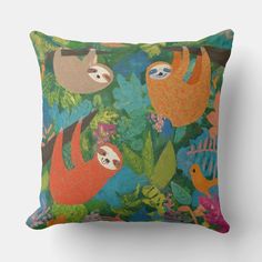 a colorful pillow with three slots and tropical plants on it's front side