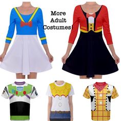 four different styles of women's costumes with the words more adult costumes on them