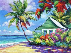 a painting of a house on the beach with flowers and palm trees in front of it