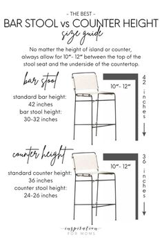 the bar stool and counter height guide is shown in two different positions, with measurements for each