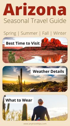 the arizona travel guide is shown in three different colors and font, along with an image of