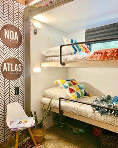 a room with bunk beds and noa atlas stickers on the wall