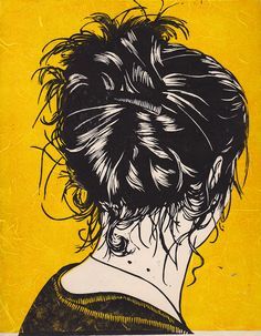 a painting of a woman's head with hair in the back and yellow background