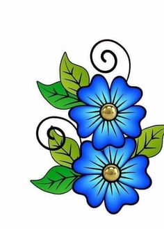 blue flowers with green leaves and swirls on the stems are shown in this drawing