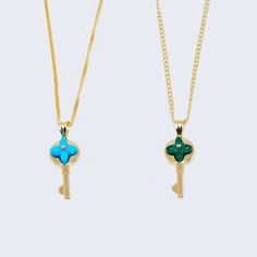 14K Colorful Key (Turquoise or Green) Pendant Charm with Solid Cuban Chain Engagement Necklaces, Green Pendant, Baby Earrings, Green Pendants, Shades Of Turquoise, Key Pendant, Women Diamond, Unique Pendant, Cuban Chain