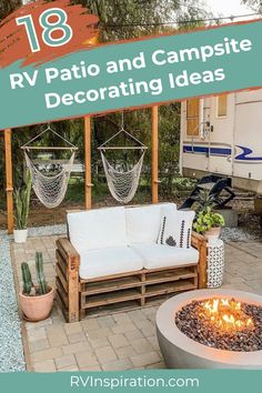 Want to transform your campsite? These 18+ RV patio decorating ideas will inspire you to create a beautiful, functional outdoor space perfect for relaxing at the end of a long day. Don't worry! This list includes ideas for all styles of RVer—whether you're parked at a permanent location, traveling regularly from place to place, or just camping for the weekend, you'll find portable, lightweight, and creative ways to renovate your RV patio. #campingdecor #rvdecor #rvlife Outdoor Camper Patio Ideas, Seasonal Campsite Ideas Yards Patio, Rv Outdoor Lighting Ideas, Camper Lights Outdoor Patio, Permanent Campsite Ideas, Best String Lights For Camping