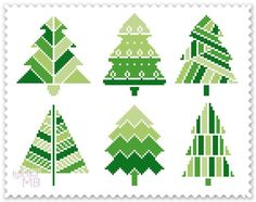 cross stitch christmas trees in green and white